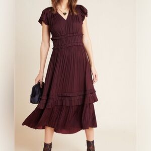 Anthropologie Current Air Sereia Pleated Midi Dress, Plum, Sz L, NWT